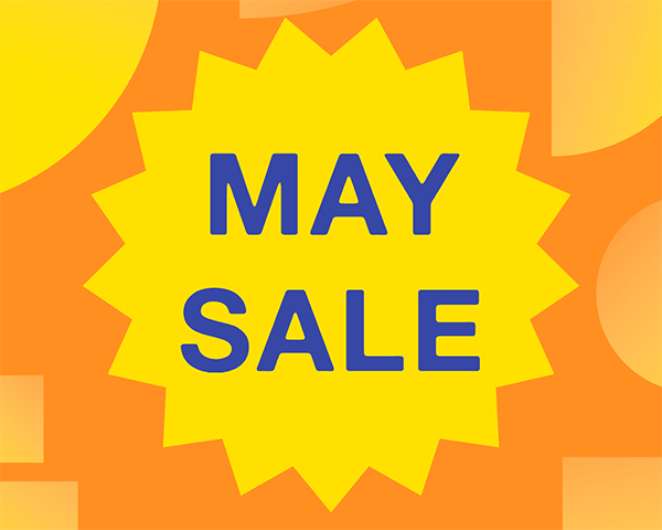 Blue May Sale text inside of a yellow sticker on a graphic orange background.